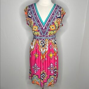 Kiara Pink and Blue Deep V Neck Sleeveless Midi Dress Small